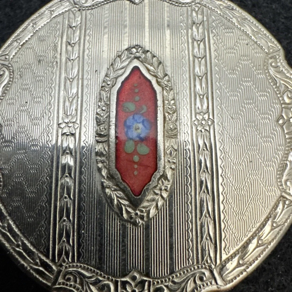 Antique Art Deco Silver Blue Guilloche Enamel Fob Chain Puff Dance Compact